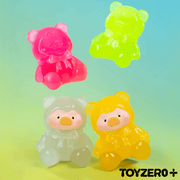 Colourful transparent Lulu The Piggy gummy teddy figures floating on a pastel backdrop
