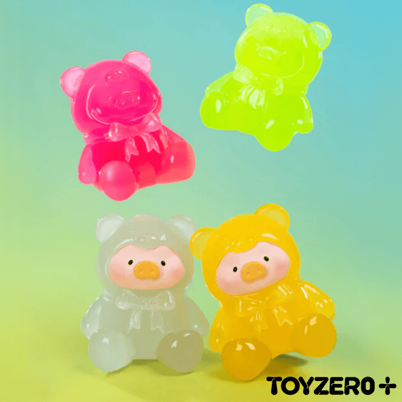 Colourful transparent Lulu The Piggy gummy teddy figures floating on a pastel backdrop