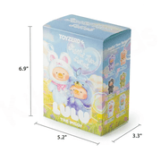 Lulu the Piggy Joyful Time blind box packaging with printed dimensions (6.9 × 5.2 × 3.3 inches), featuring pastel bunny and teddy artwork and side checklist.
