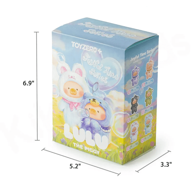 Lulu the Piggy Joyful Time blind box packaging with printed dimensions (6.9 × 5.2 × 3.3 inches), featuring pastel bunny and teddy artwork and side checklist.
