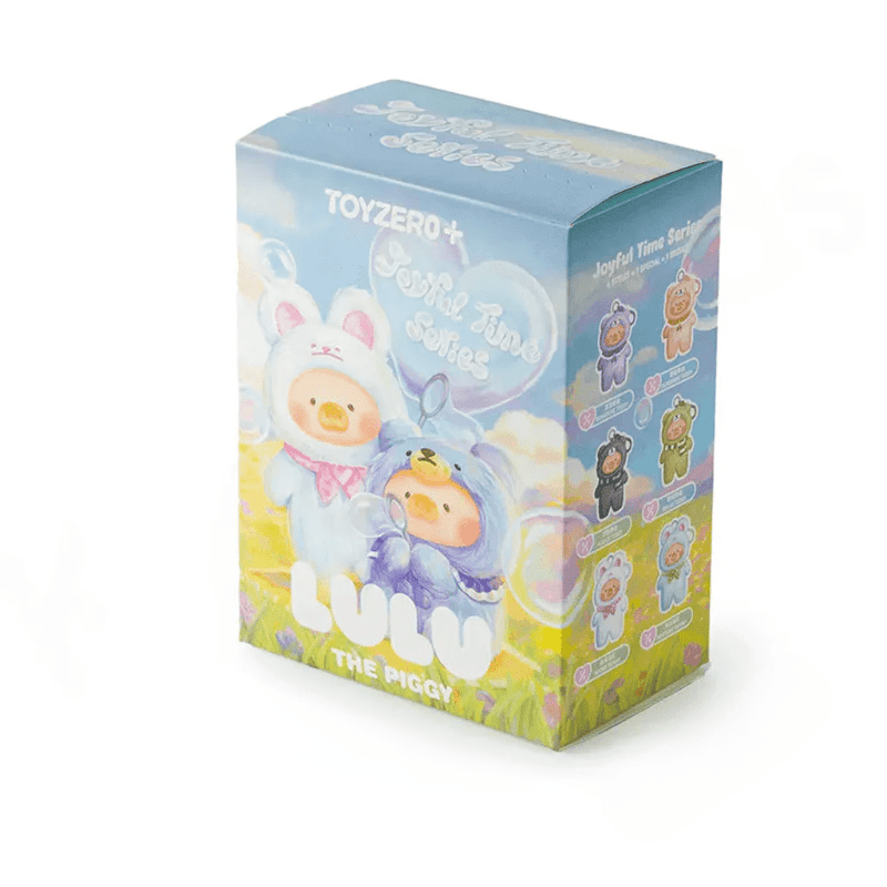 Lulu the Piggy Joyful Time Series blind box packaging, pastel box art showing bunny and teddy designs plus character checklist on side panel.
