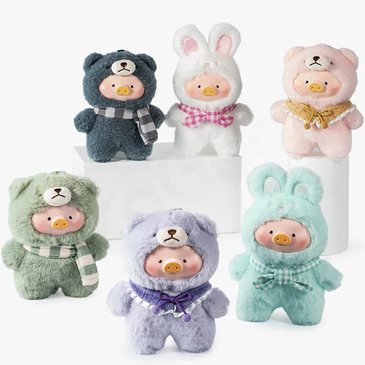 Lulu the Piggy Joyful Time blind box lineup – six plush keyrings in pastel teddy and bunny suits posed on white risers.
