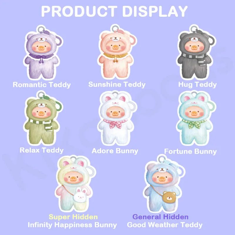 Lulu the Piggy Joyful Time blind box product-display card showing eight illustrated options—Romantic Teddy, Sunshine Teddy, Hug Teddy, Relax Teddy, Adore Bunny, Fortune Bunny plus hidden Good Weather Teddy and super-hidden Infinity Happiness Bunny.
