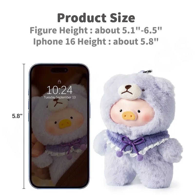 Lulu the Piggy Joyful Time blind box size-comparison graphic: purple teddy plush beside 5.8-inch iPhone 16, indicating figure height range of 5.1-6.5 inches.
