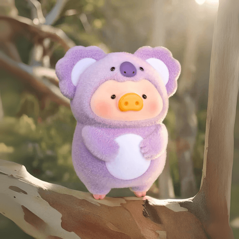 Lulu the Piggy Animal Party Koala blind box figure in lilac koala suit perched on eucalyptus branch.
