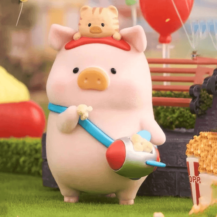 Lulu The Piggy Lululand Series Blind Box Adventure King figure with popcorn, shoulder bag and tiny tiger detail