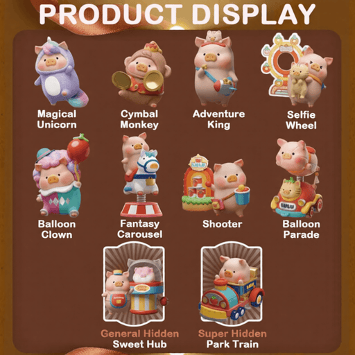 Lulu The Piggy Lululand Series Blind Box product display chart showing 8 regular figures plus Sweet Hub and Park Train