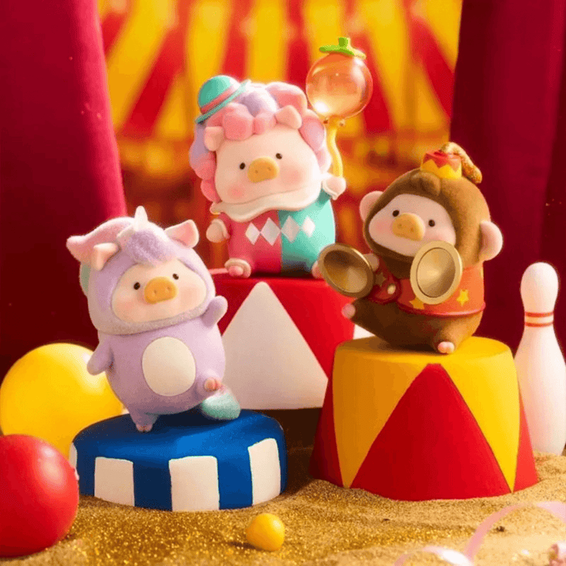 Lulu The Piggy Lululand Series Blind Box display with Magical Unicorn, Balloon Clown and Cymbal Monkey figures