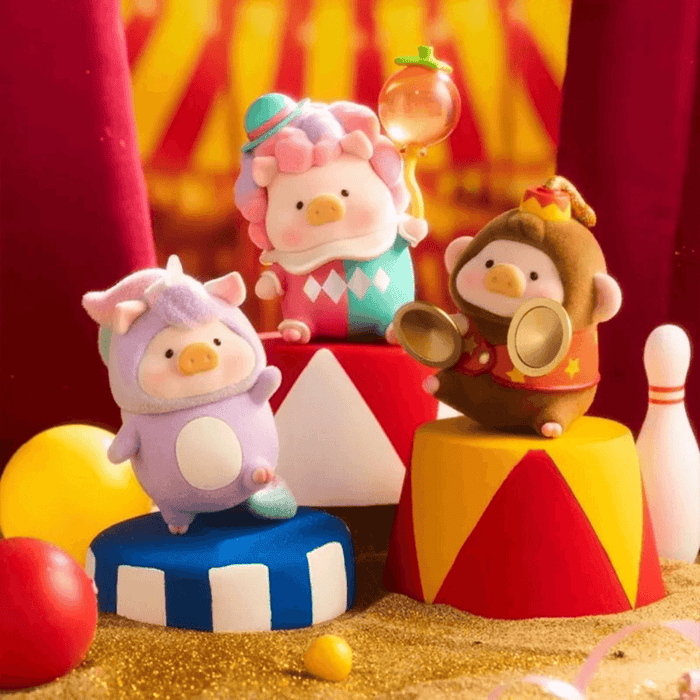 Lulu The Piggy Lululand Series Blind Box display with Magical Unicorn, Balloon Clown and Cymbal Monkey figures