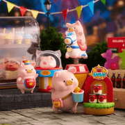 Lulu The Piggy Lululand Series Blind Box group display featuring Fantasy Carousel, Shooter and fairground-themed figures