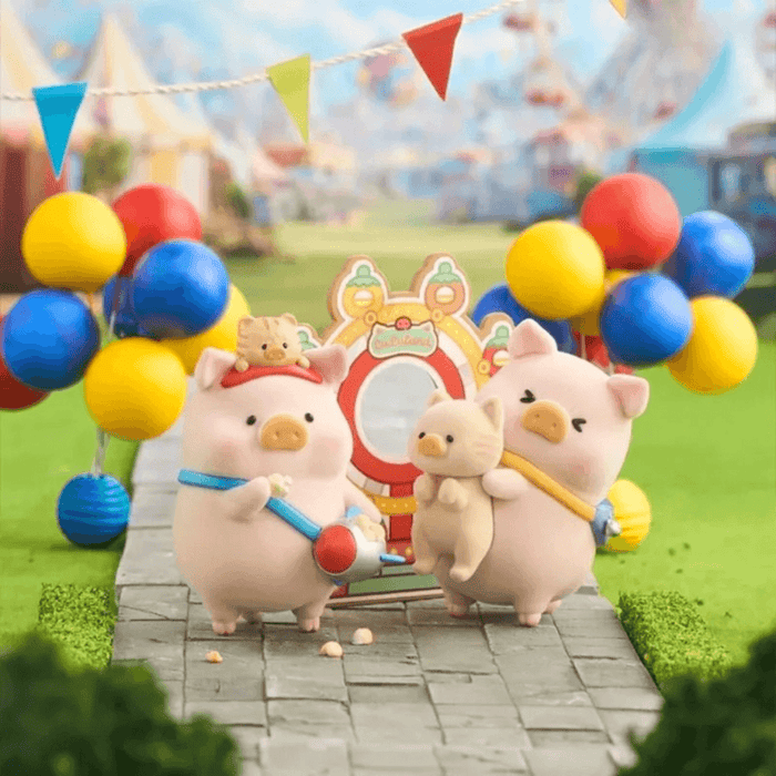 Lulu The Piggy Lululand Series Blind Box display featuring Adventure King and Selfie Wheel figures with balloons
