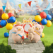 Lulu The Piggy Lululand Series Blind Box display featuring Adventure King and Selfie Wheel figures with balloons