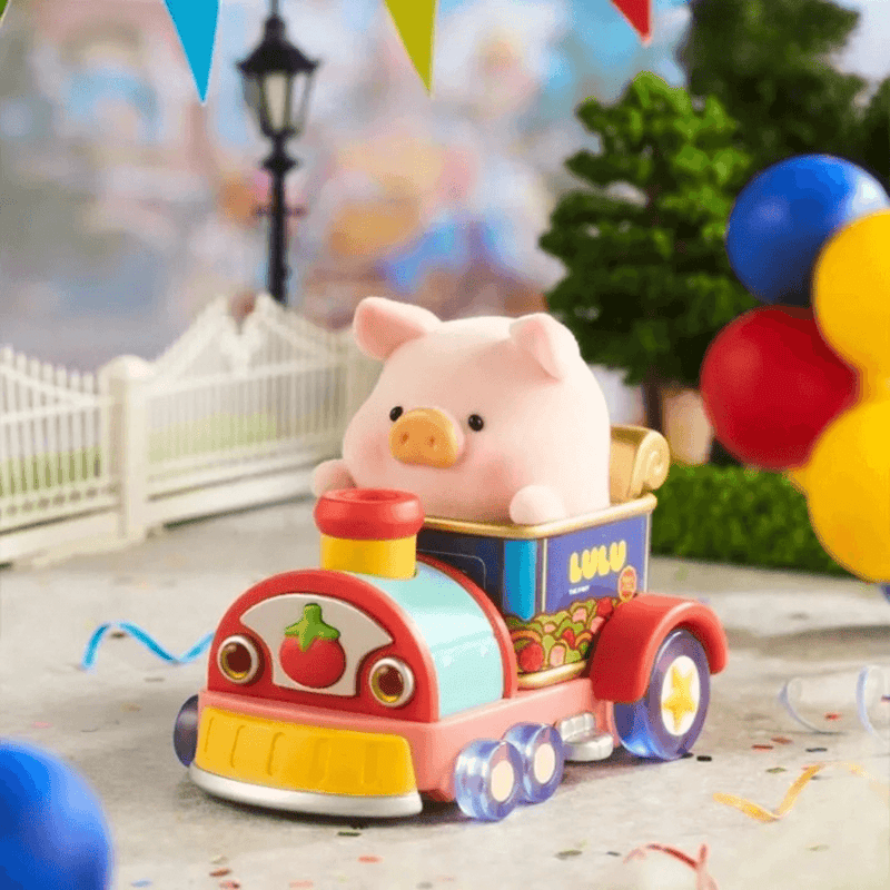 Lulu The Piggy Lululand Series Blind Box Super Hidden Park Train figure sitting in a colourful miniature train