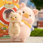 Lulu The Piggy Lululand Series Blind Box Selfie Wheel figure posing with a small cat character beside a fairground sign