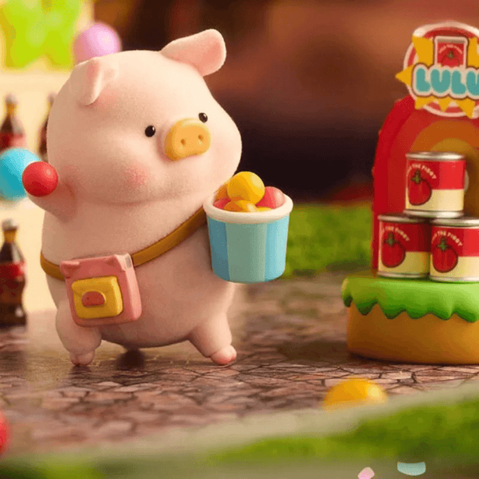 Lulu The Piggy Lululand Series Blind Box Shooter figure holding a bucket of balls beside a carnival can game stall