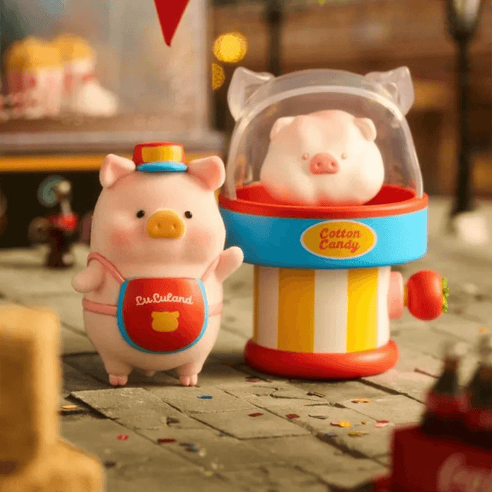 Lulu The Piggy Lululand Series Blind Box General Hidden Sweet Hub figure beside a cotton candy stand