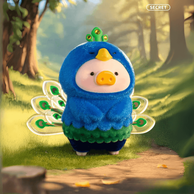 Lulu the Piggy Animal Party Secret Peacock blind box figure in vibrant blue-and-green plumage, posing on a sun-dappled forest path.
