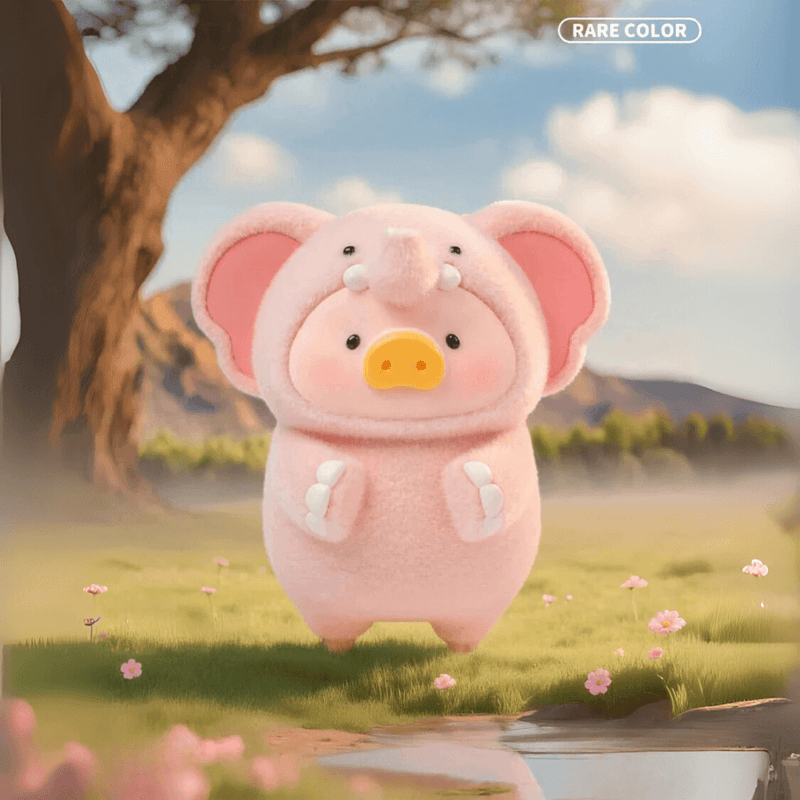 Lulu the Piggy Animal Party Rare-Colour Pink Elephant blind box figure, pastel pink hide and sweet meadow backdrop.
