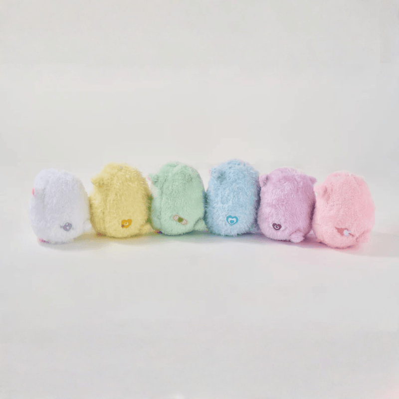 LuLu the Piggy Rainbow Sheep Plush Blind Box rear line-up of the sheep plush figures in white, yellow, green, blue, purple and pink