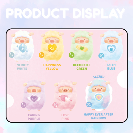 LuLu the Piggy Rainbow Sheep Plush Blind Box product display showing Infinity White, Happiness Yellow, Reconcile Green, Faith Blue, Caring Purple, Love Pink and the secret Happy Ever After Rainbow