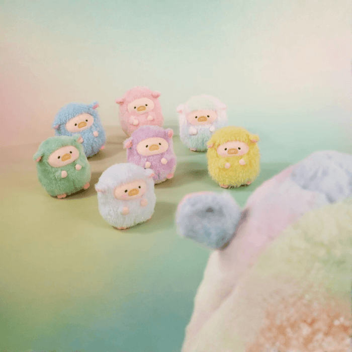 LuLu the Piggy Rainbow Sheep Plush Blind Box front view group display of the six regular pastel sheep plush figures