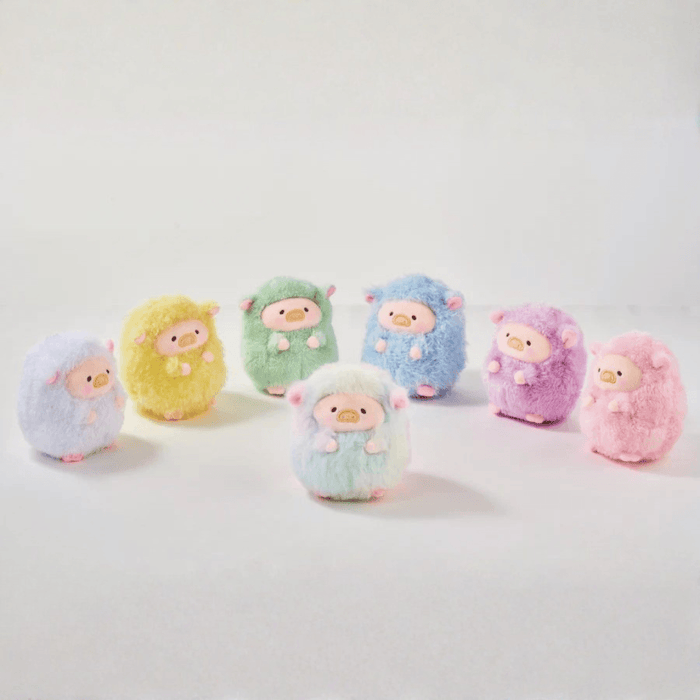 LuLu the Piggy Rainbow Sheep Plush Blind Box pastel group display featuring fluffy sheep plush figures in soft rainbow colours