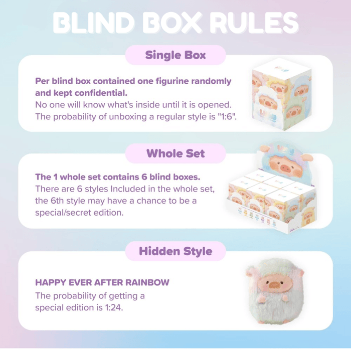 LuLu the Piggy Rainbow Sheep Plush Blind Box rules graphic showing single box odds, whole set details and hidden style probability