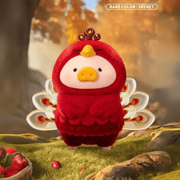 Lulu the Piggy Animal Party Secret Peacock – Rare Red Variant blind box figure with ruby feathers and gold eye-spots in autumn woodland.
