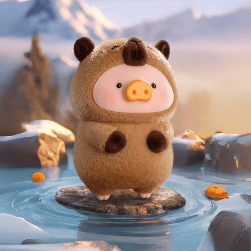 Lulu the Piggy Animal Party Wild Boar blind box figure relaxing on a hot-spring rock with floating oranges.
