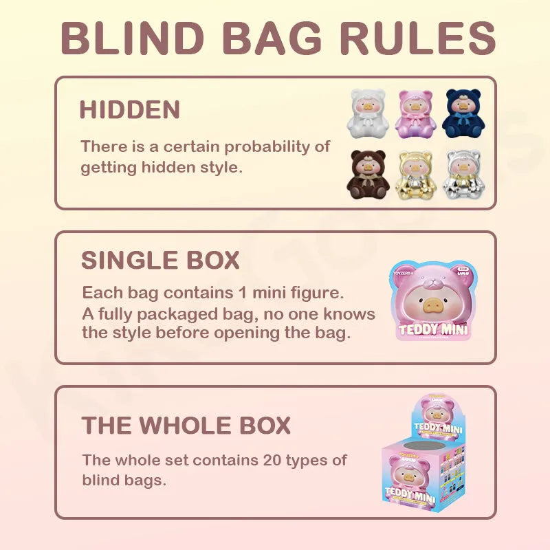 Lulu The Piggy Teddy Mini blind box rules showing hidden figures, single box details, and whole box contents