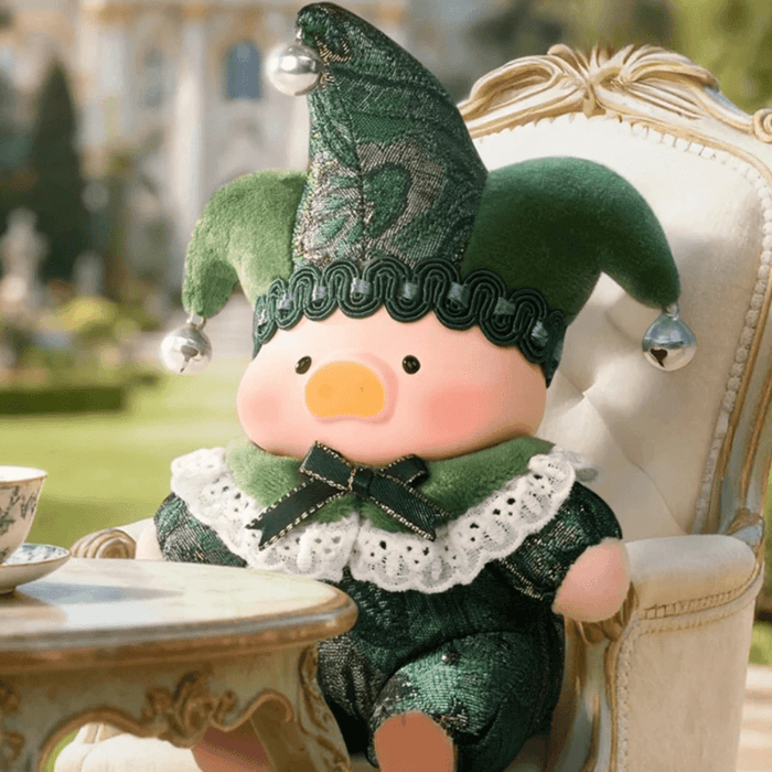 LuLu the Piggy Triangel Series Blind Box Embrace U plush figure in a green jester outfit