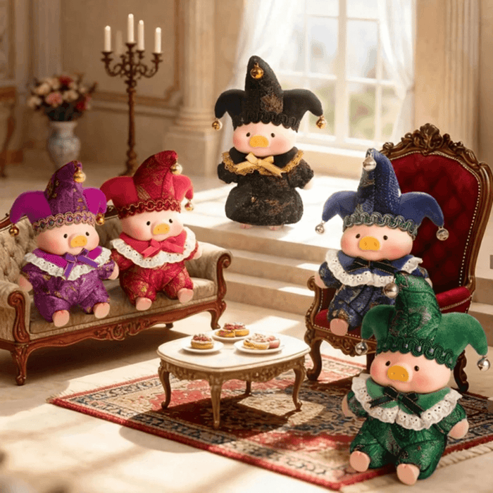 LuLu the Piggy Triangel Series Blind Box group display showing the plush figures in an elegant room setting