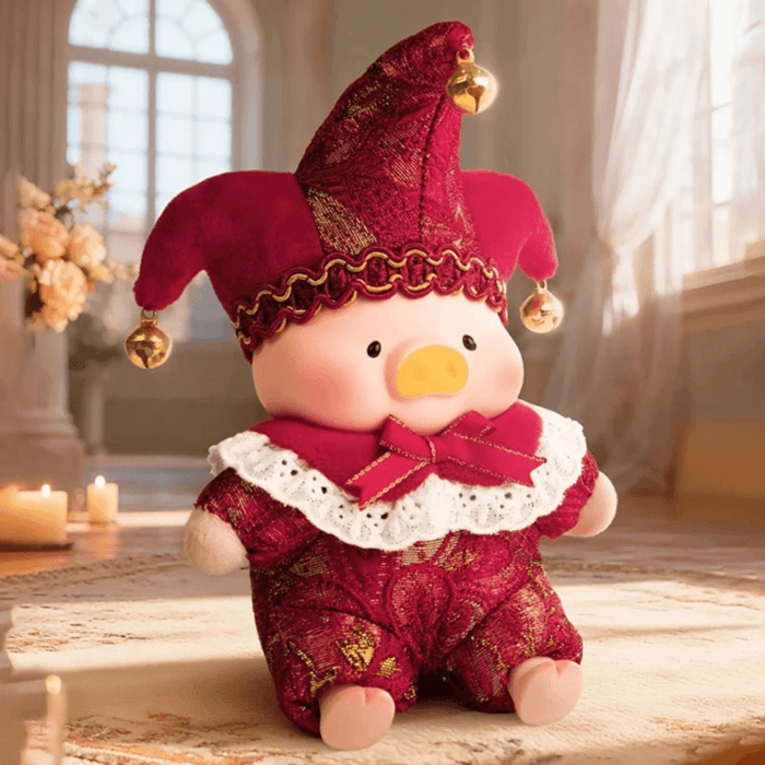 LuLu the Piggy Triangel Series Blind Box Love U plush figure in a red jester outfit with lace collar