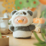 Lulu the Piggy Warm-Hearted Panda blind box keyring in fluffy white-and-grey panda suit on wooden play table.
