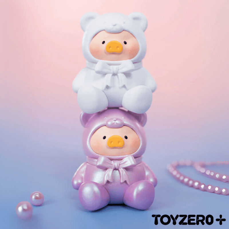 Lulu The Piggy white and pink teddy bear figurines stacked, ToyZeroPlus Mini Series