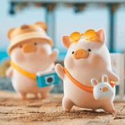 LuLu the Piggy's Travel Series Blind Box travel figure wearing yellow sunglasses and carrying a bunny-shaped bag