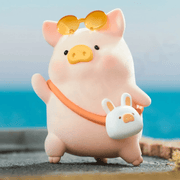 LuLu the Piggy's Travel Series Blind Box travel figure wearing yellow sunglasses and carrying a bunny-shaped bag