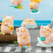 LuLu the Piggy's Travel Series Blind Box group display showing multiple travel-themed pig figures and hidden styles
