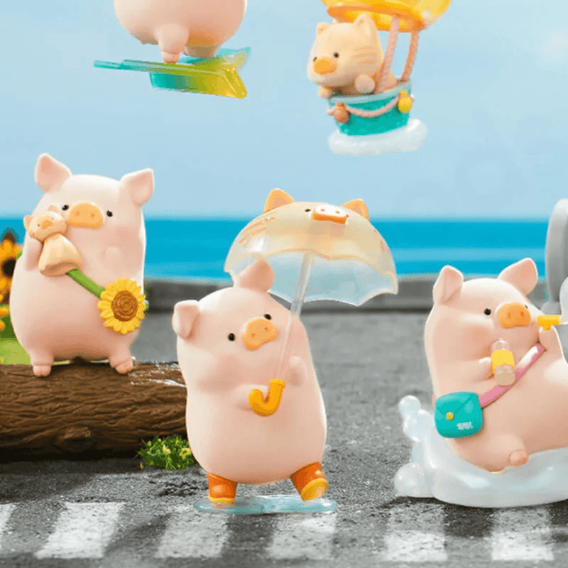LuLu the Piggy's Travel Series Blind Box group display showing multiple travel-themed pig figures and hidden styles