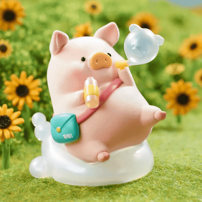 LuLu the Piggy's Travel Series Blind Box pig figure relaxing on a cloud seat with bubble blower and satchel bag
