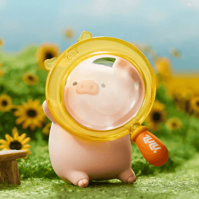 Lulu the Piggy's Travel Series Blind Box Explore figure holding a yellow magnifying glass in a sunflower scene