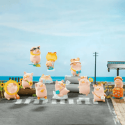 LuLu the Piggy's Travel Series Blind Box full collection display with travel-themed pig figures arranged together