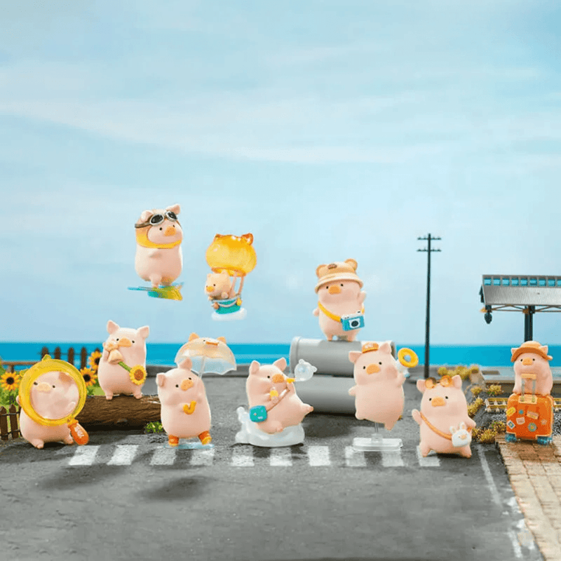LuLu the Piggy's Travel Series Blind Box full collection display with travel-themed pig figures arranged together