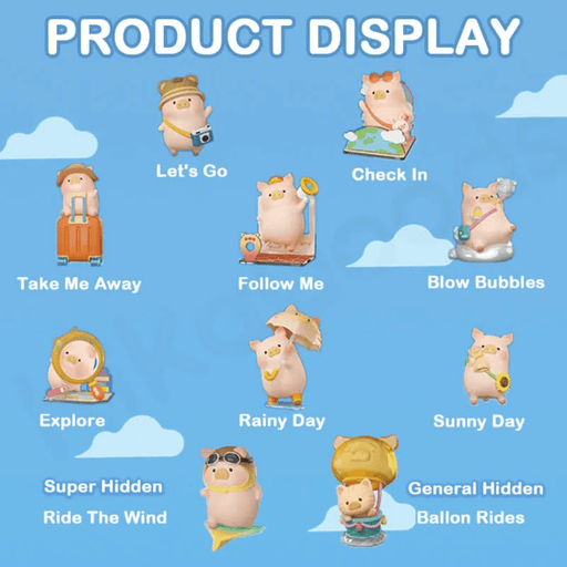 Lulu the Piggy's Travel Series Blind Box product display chart showing the regular figures and hidden Ballon Rides and Ride The Wind designs