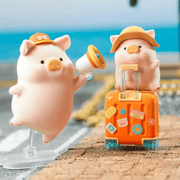 LuLu the Piggy's Travel Series Blind Box travel figure holding a megaphone beside a suitcase display