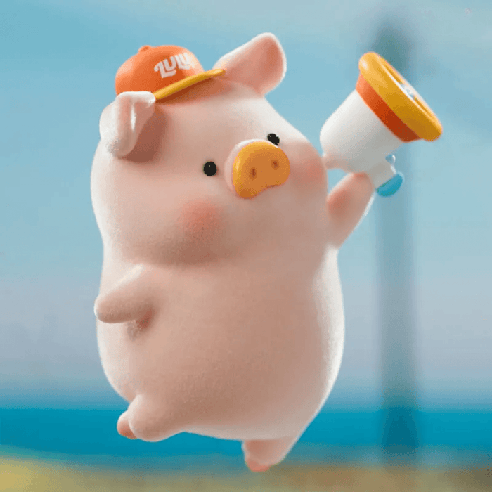 LuLu the Piggy's Travel Series Blind Box pig figure wearing an orange cap and holding a yellow megaphone