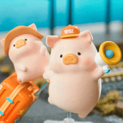 LuLu the Piggy's Travel Series Blind Box travel figure holding a megaphone beside a suitcase display