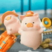 LuLu the Piggy's Travel Series Blind Box travel figure holding a megaphone beside a suitcase display