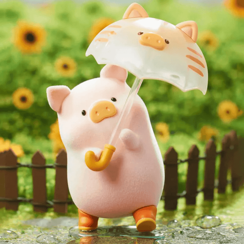 LuLu the Piggy's Travel Series Blind Box pig figure holding a cat-shaped umbrella in a rainy day scene