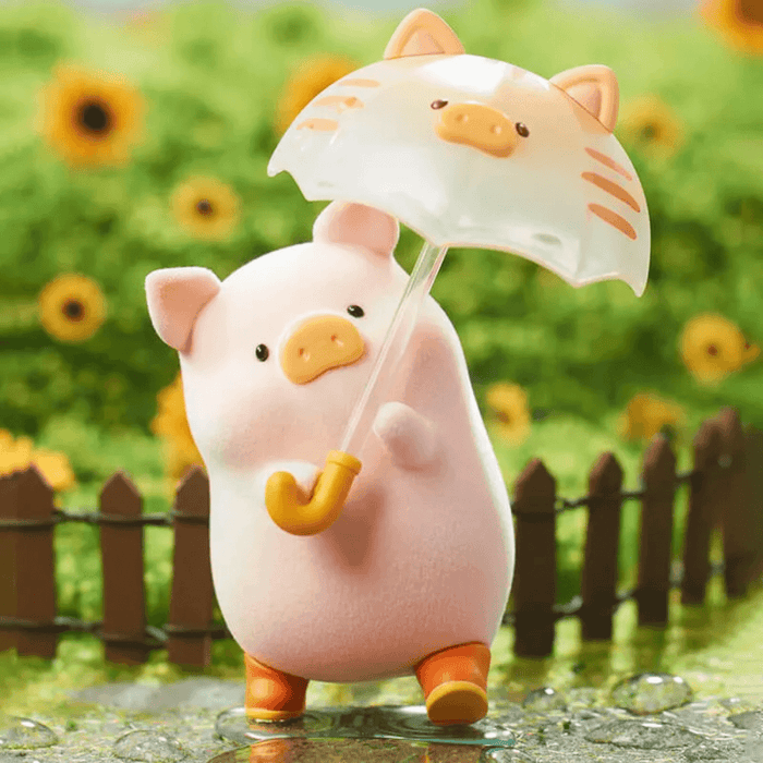 LuLu the Piggy's Travel Series Blind Box pig figure holding a cat-shaped umbrella in a rainy day scene